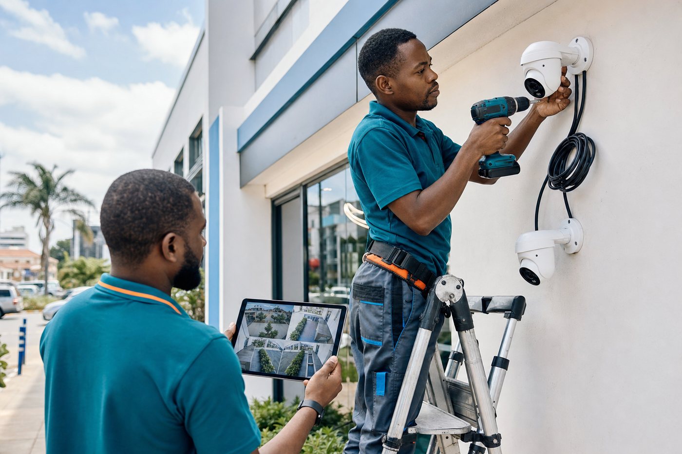 African technician installing CCTV